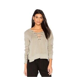 PAM & GELA Sz PS Side Slit Lace Up Sweatshirt Sweater Revolve Distressed Green